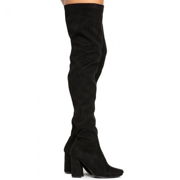 Black Suede Thigh High Block Heel Boots (Size 7) - Picture 4 of 7